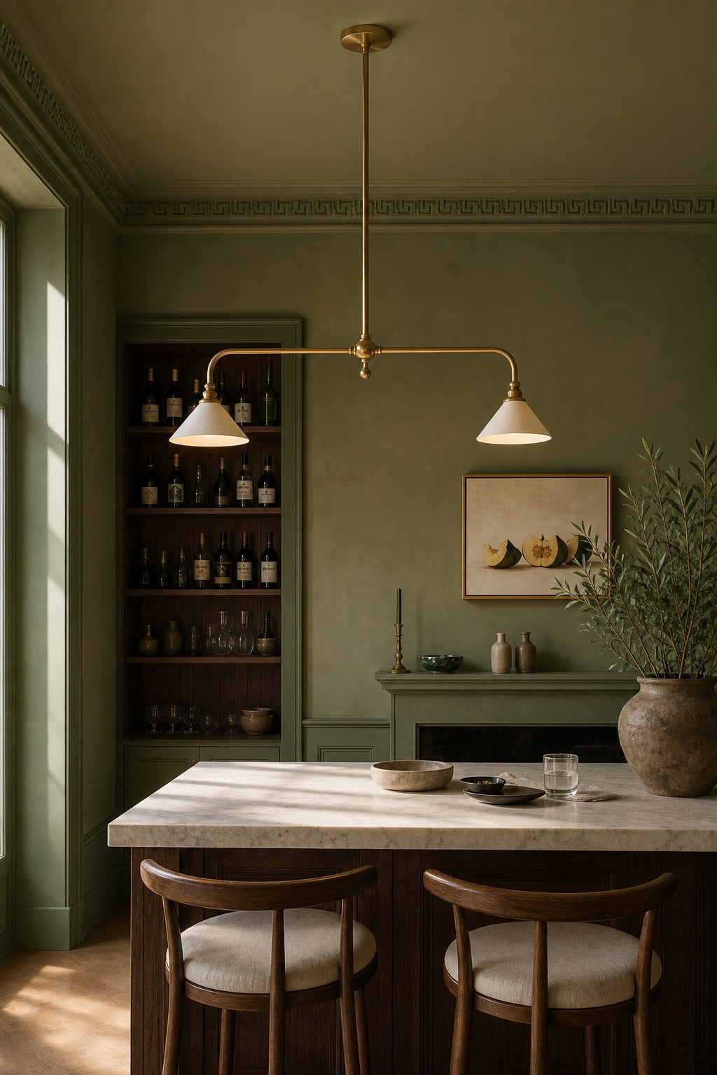 Brass and Ceramic Linear Chandelier installed over a dining area, view 7