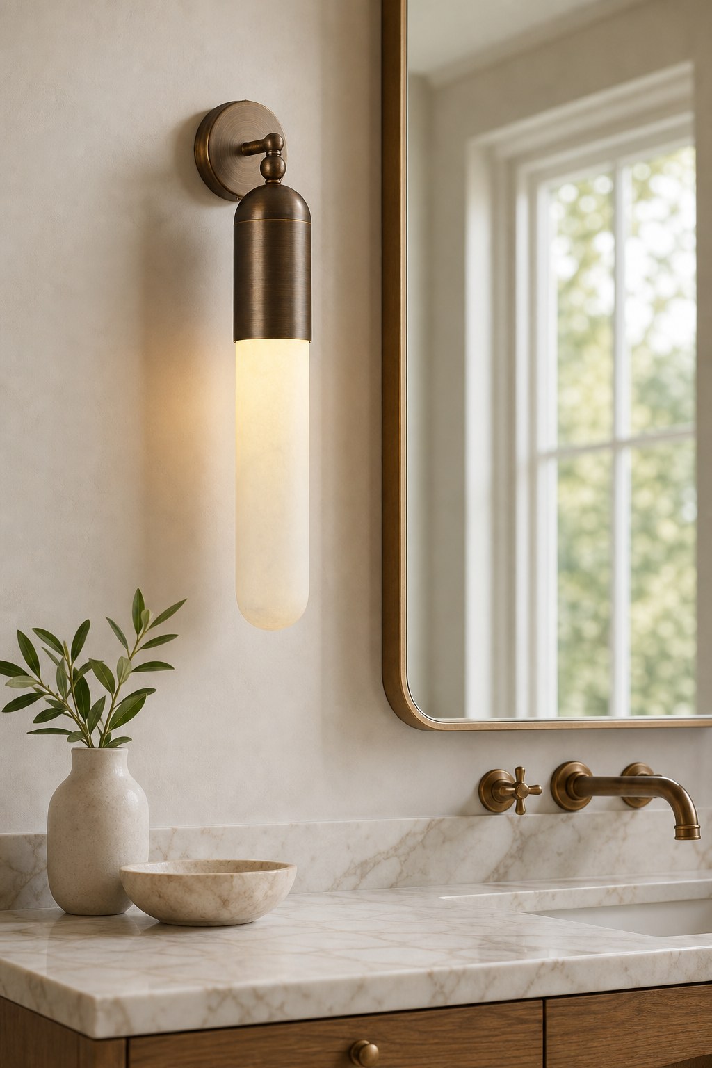 Snowflake Alabaster and Antique Copper Cylinder Wall Sconce - 08 11-mirror-side-lighting-daylight