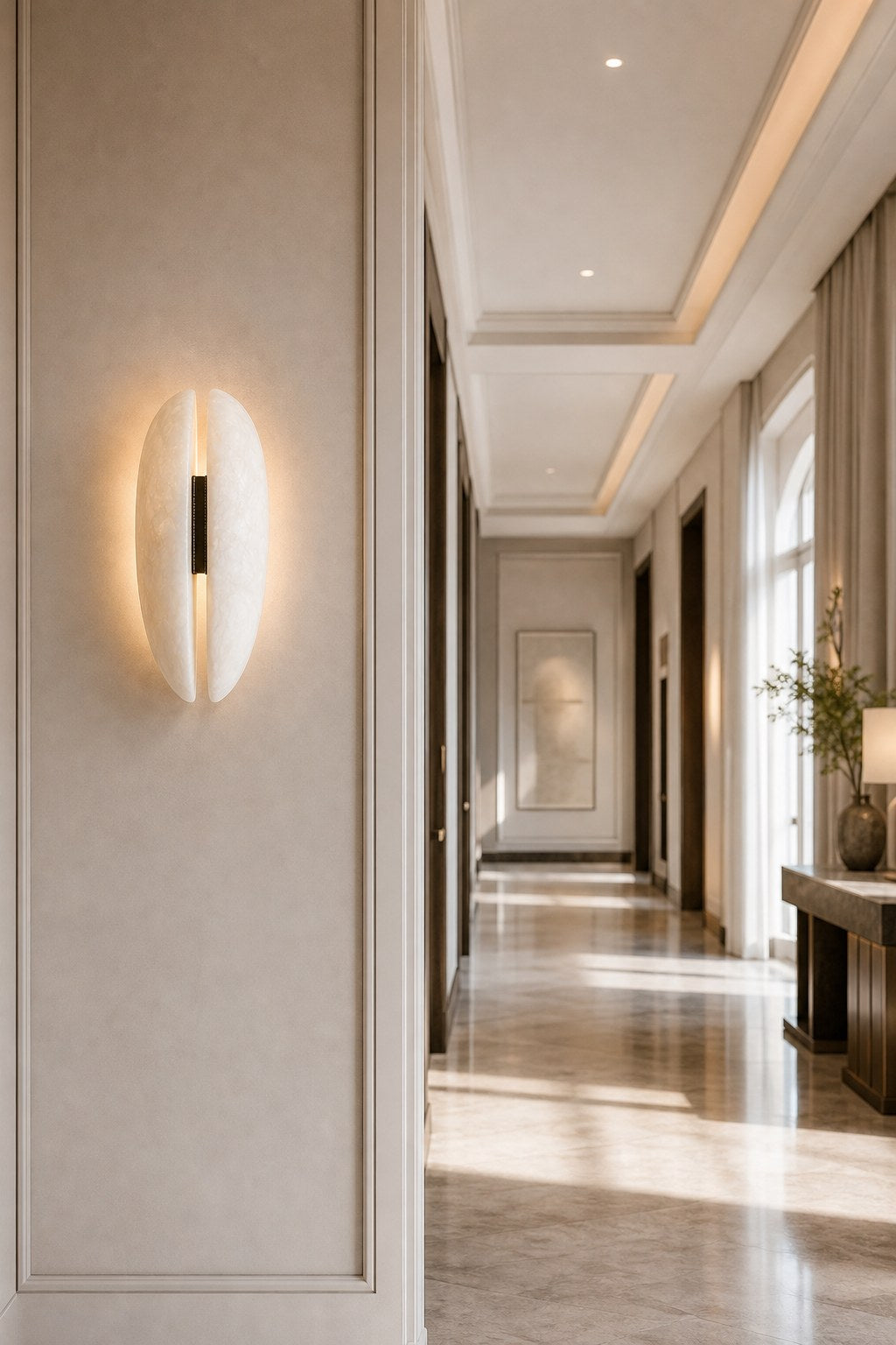 Spanish Snowflake Alabaster and Black Leather Wall Sconce - 08 08-hotel-corridor-wide-daylight