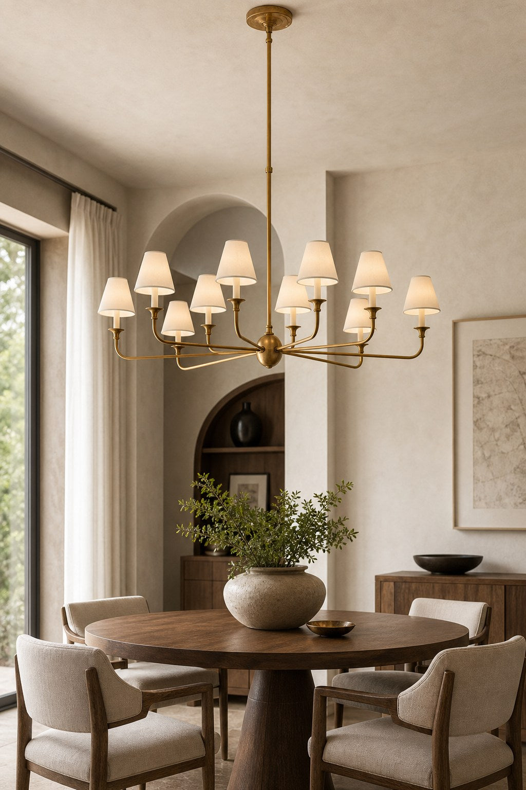 Tiered Brass and Fabric Linear Chandelier installed over a dining area, view 8