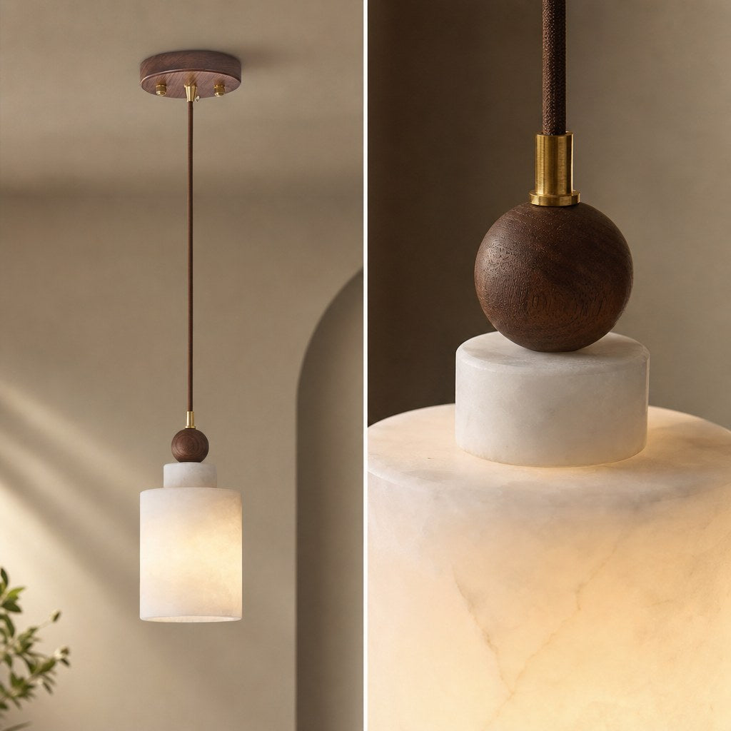 Spanish Marble and Walnut Cylinder Pendant Light - 08 11-material-close-up