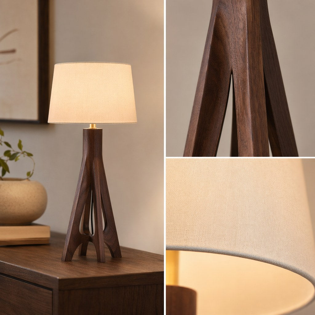 Black Walnut Ash Wood Table Lamp with Off-White Fabric Shade - 08 11-material-close-up