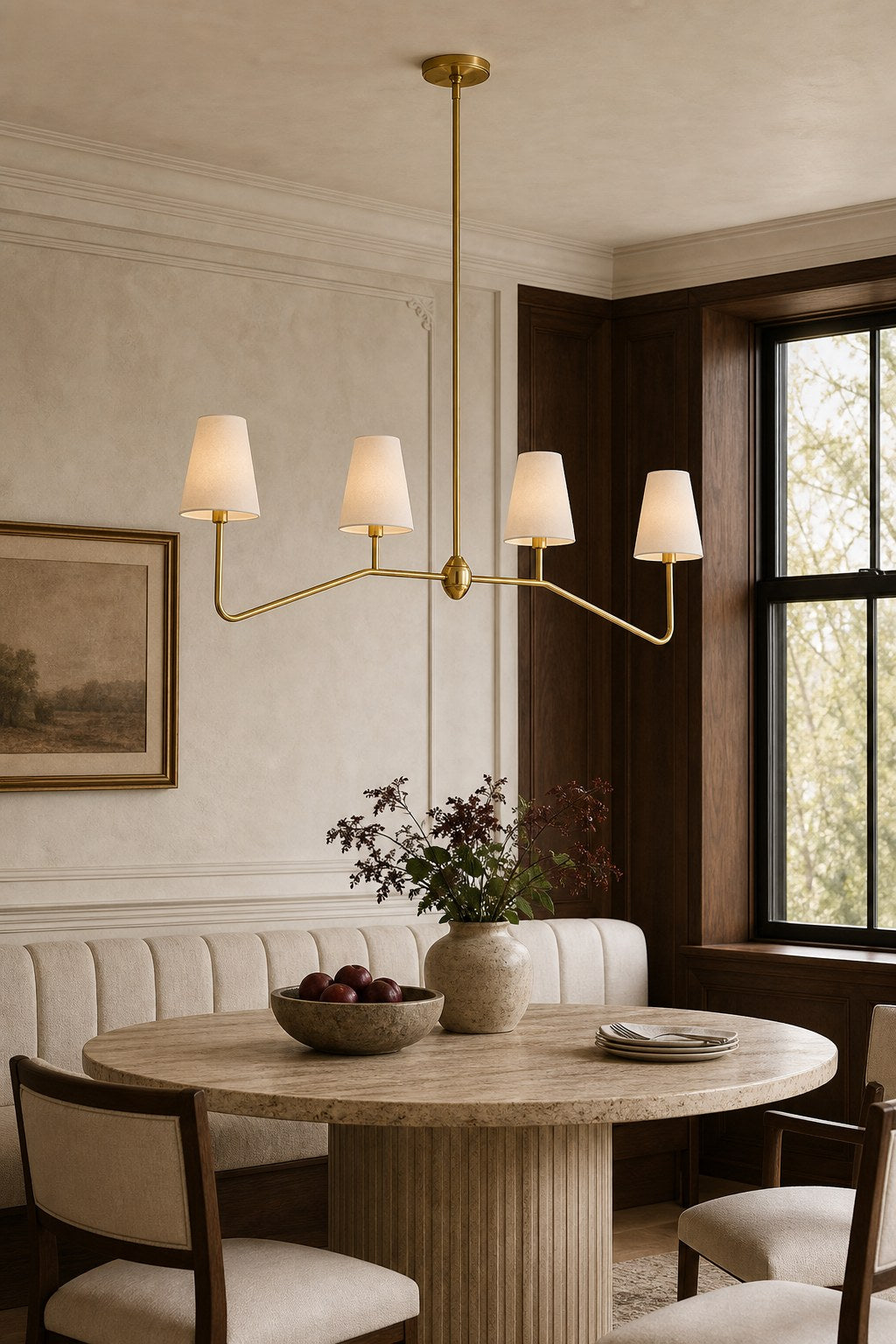 Four-Light Brass and Fabric Linear Chandelier installed over a dining area, view 8