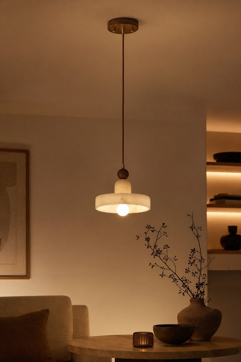 Spanish Marble and Walnut Disc Pendant Light - 08 10-night-mood