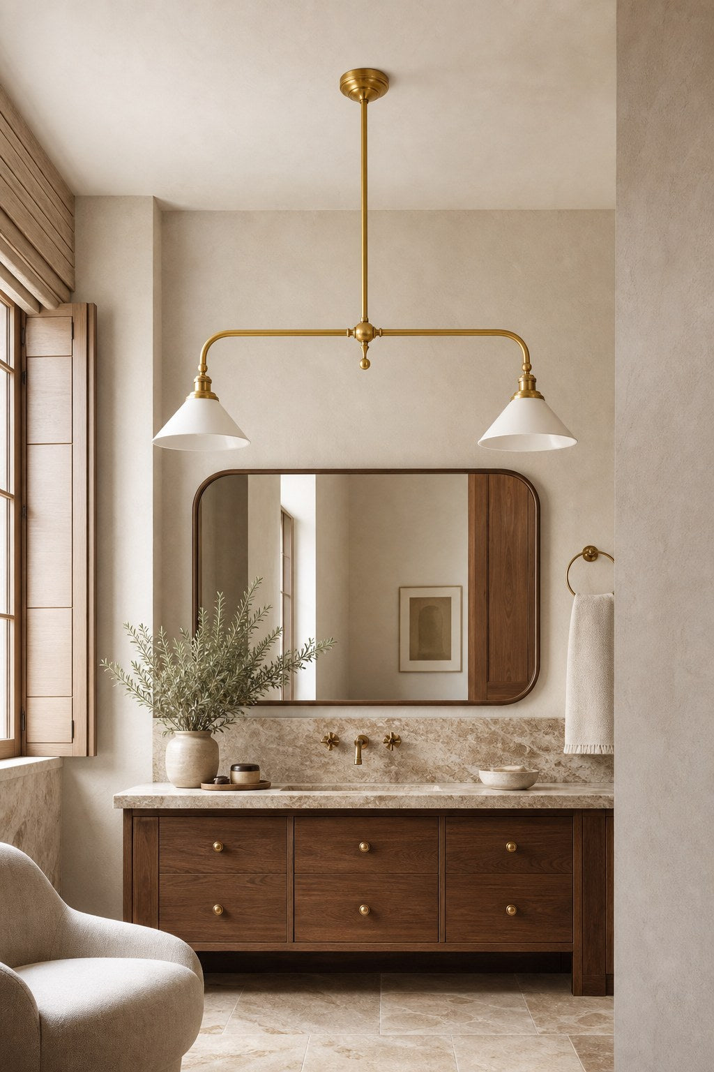 Brass and Ceramic Linear Chandelier installed at a dry vanity, view 8