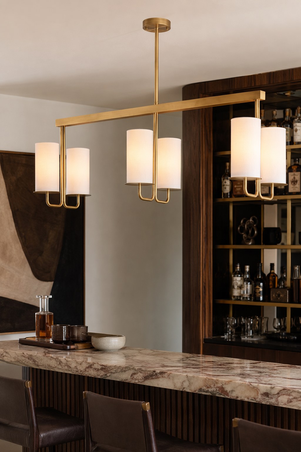 Solid Brass Six-Light Linear Chandelier installed in a living room, view 8