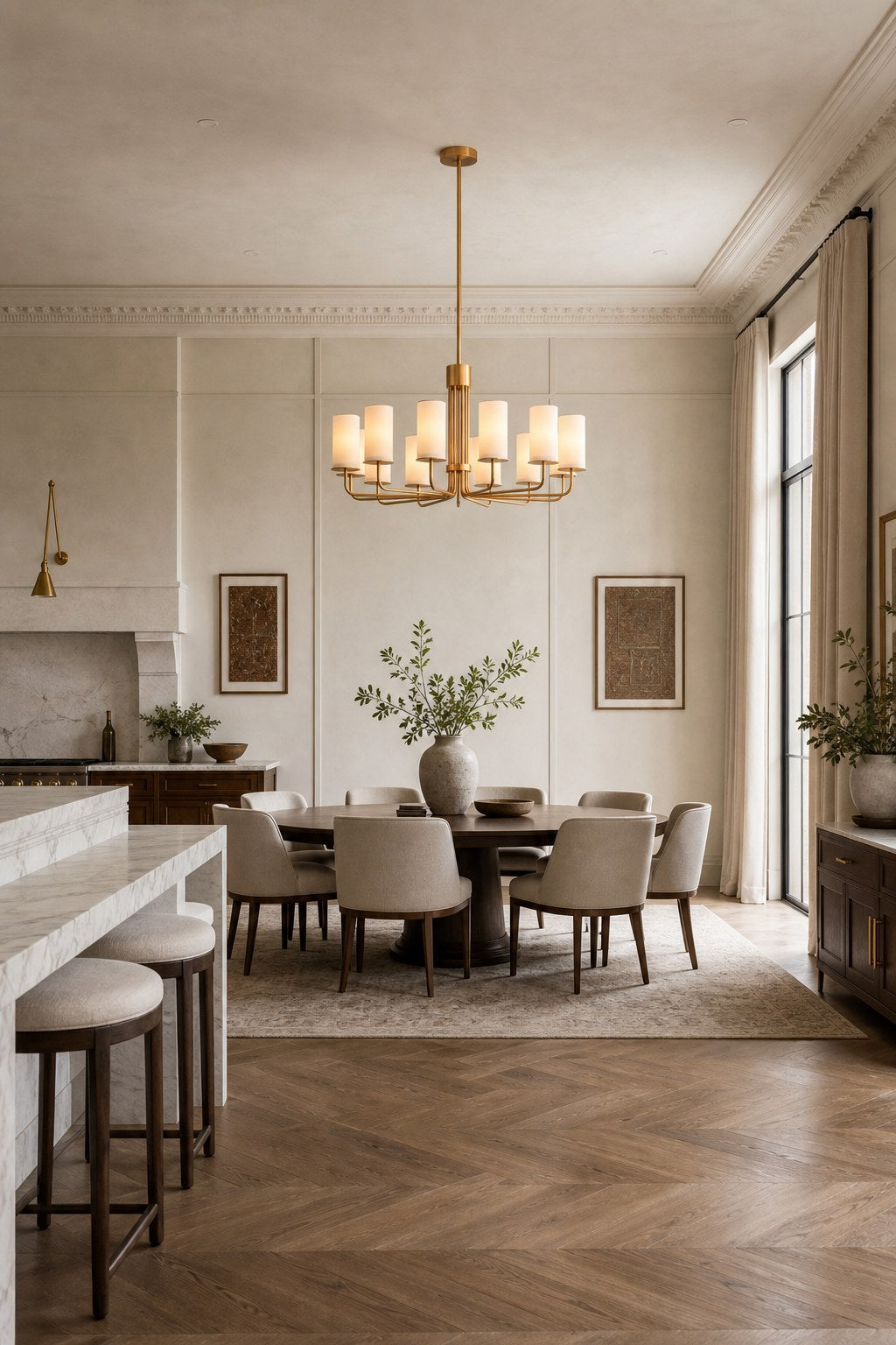 Solid Brass Tiered Chandelier installed over a dining area, view 9