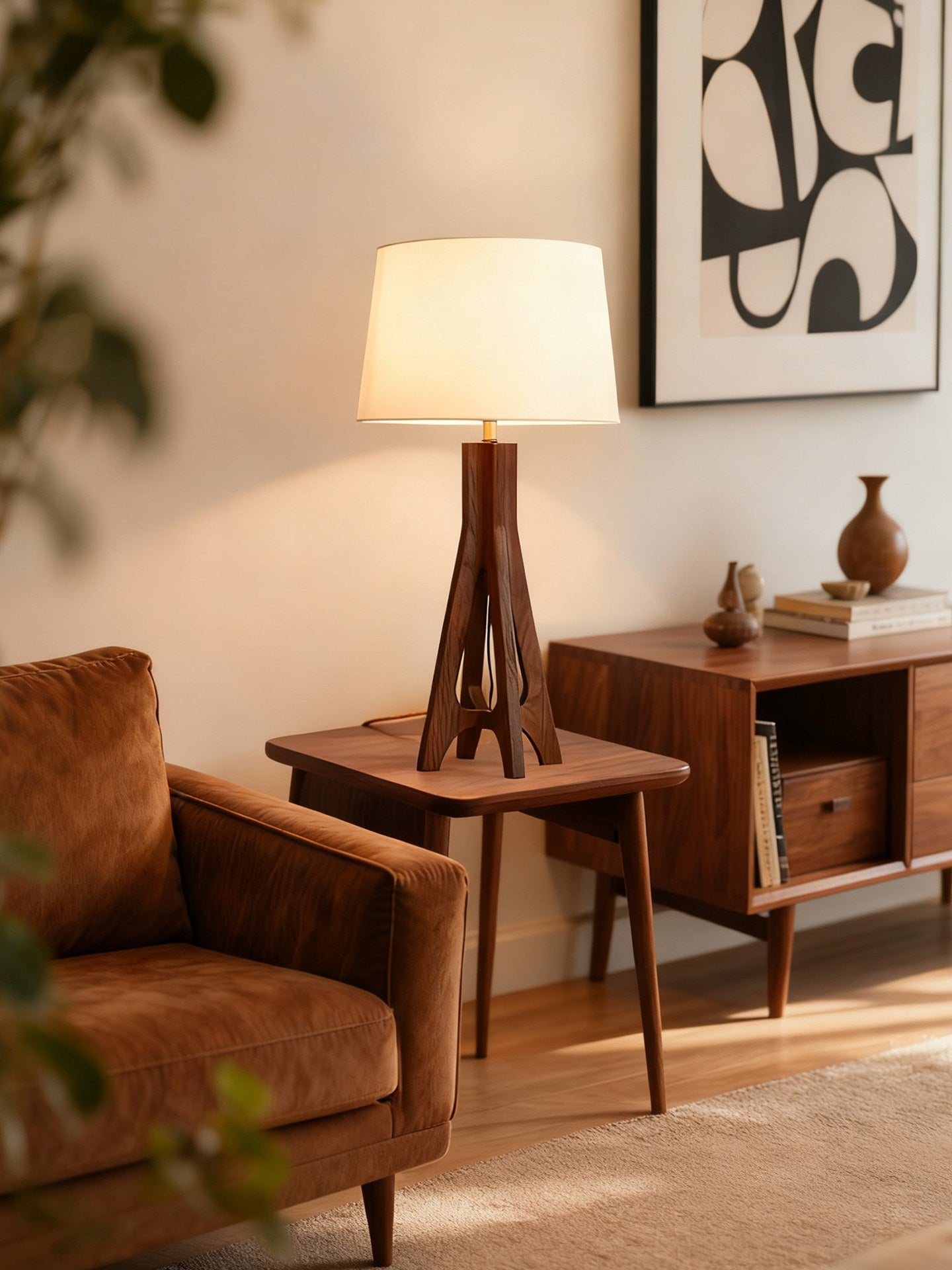 Black Walnut Ash Wood Table Lamp with Off-White Fabric Shade - 09 3-4主图2
