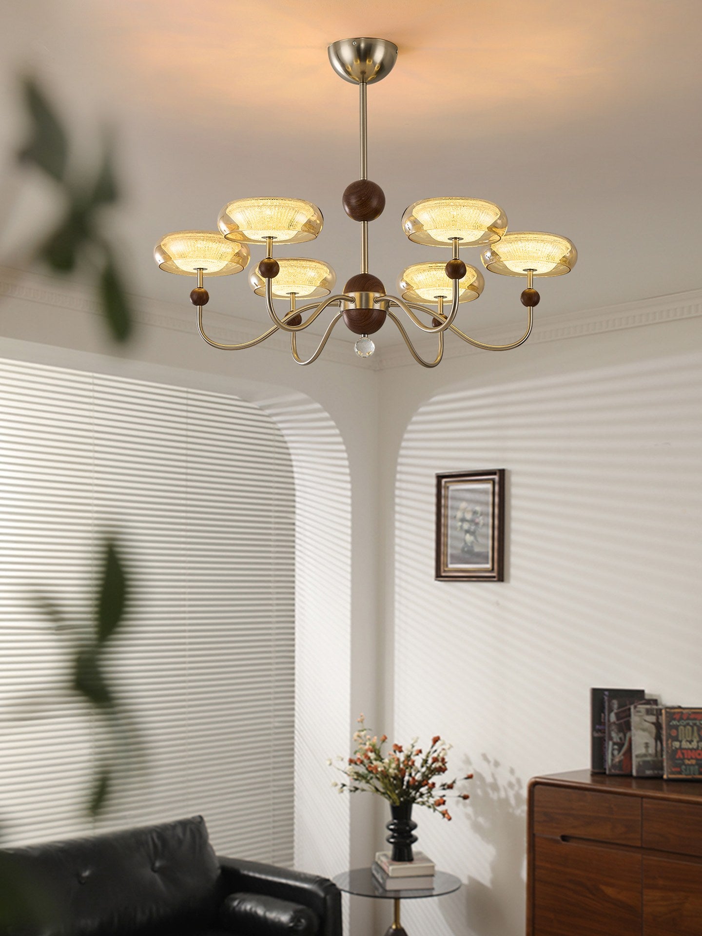 Sand Nickel Wood-Grain Glass LED Chandelier - 09 场景 (1)