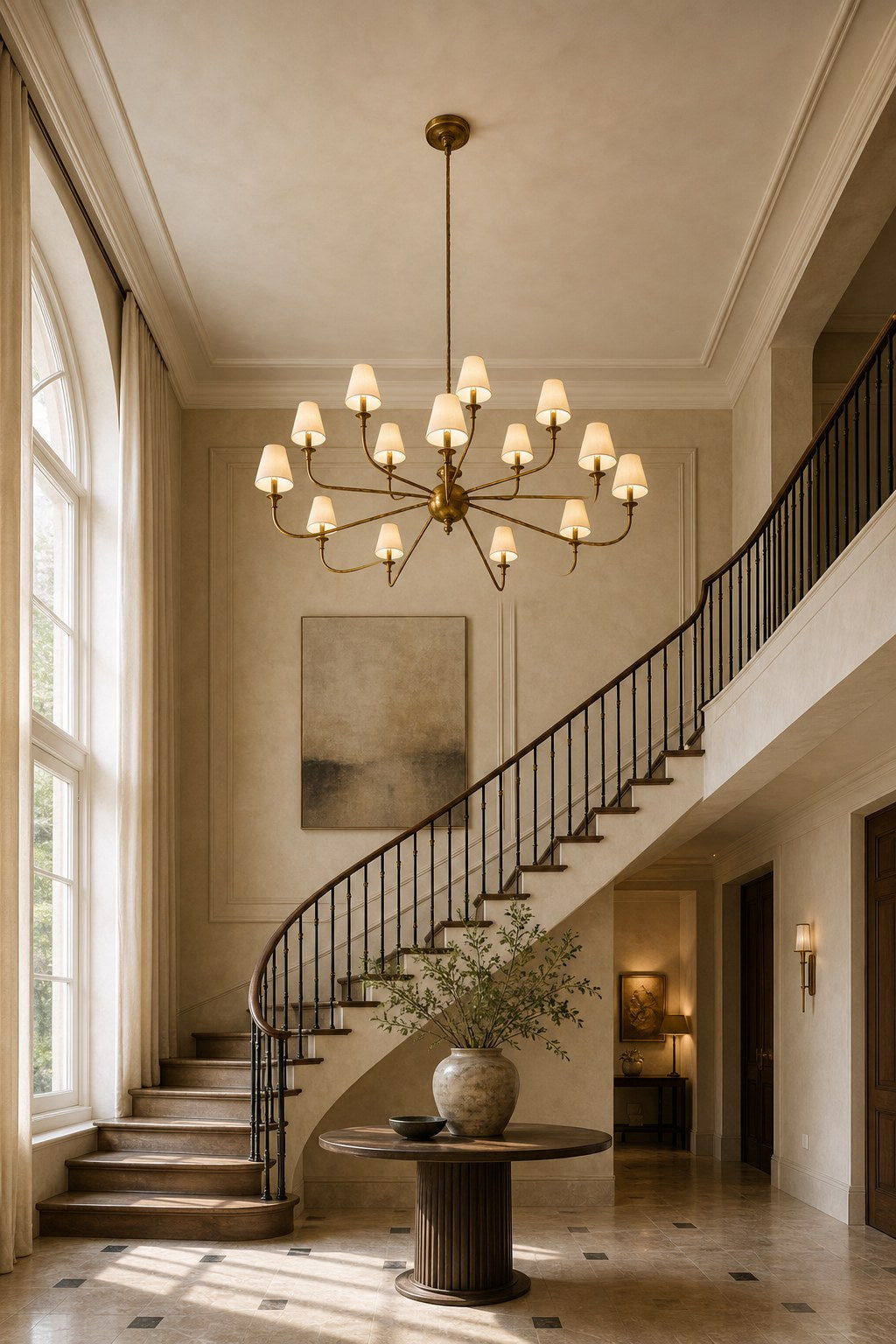 Tiered Brass and Fabric Linear Chandelier installed in an entry or hallway, view 9