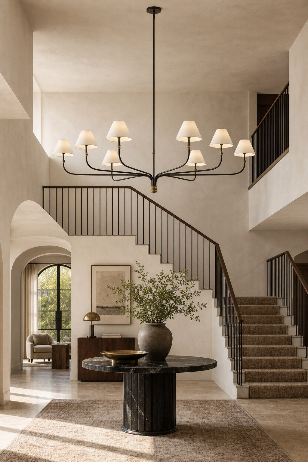Brass and Black Linear Chandelier installed in an entry or hallway, view 9