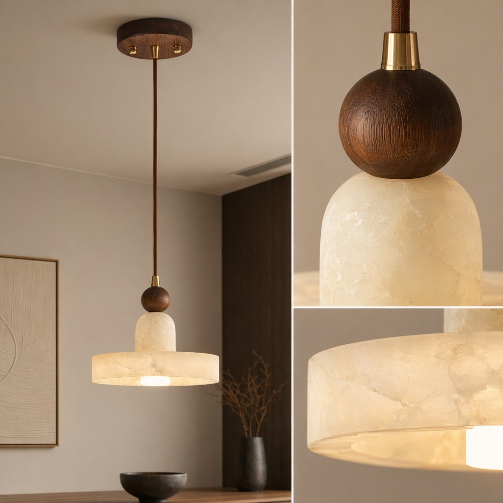 Spanish Marble and Walnut Disc Pendant Light - 09 11-material-close-up