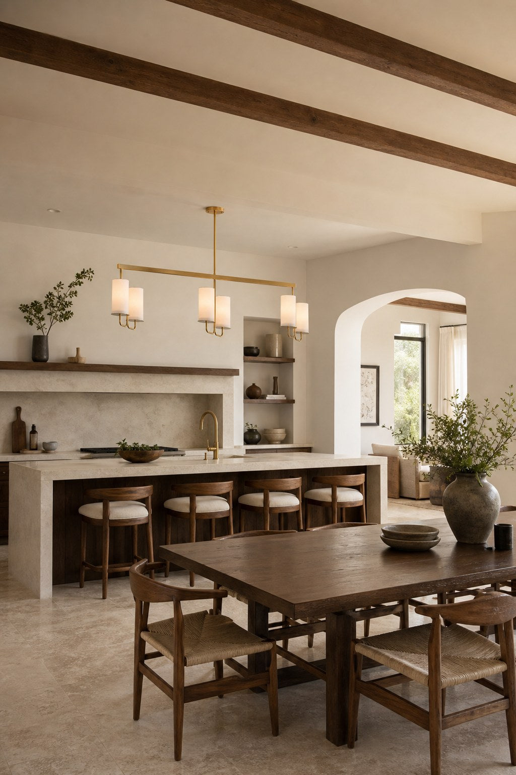 Solid Brass Six-Light Linear Chandelier installed over a kitchen island, view 9