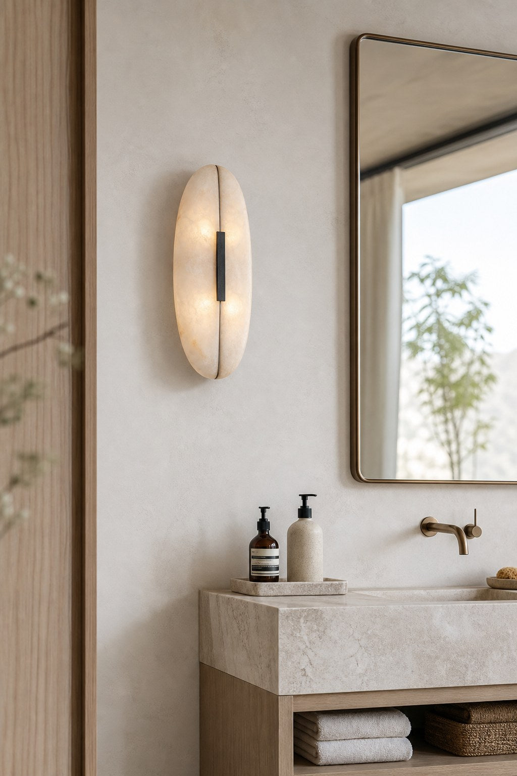 Spanish Snowflake Alabaster and Black Leather Wall Sconce - 09 09-dry-spa-vanity-wall-daylight