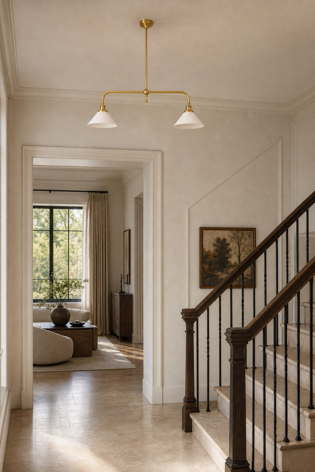 Brass and Ceramic Linear Chandelier installed in an entry or hallway, view 9