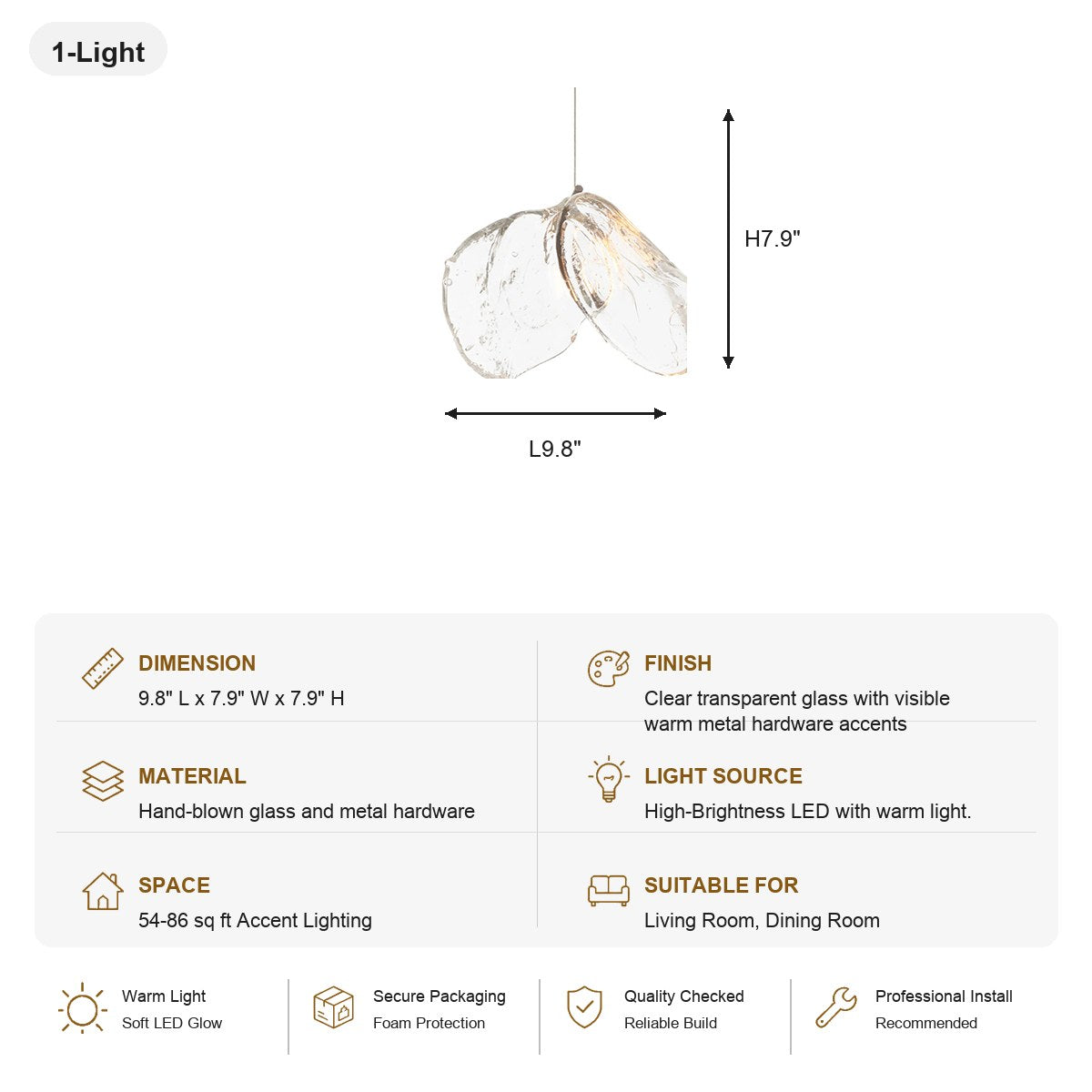 Clear Blown Glass Petal Cascade Chandelier - SKU spec card - 8088-sku-al-8088-1l