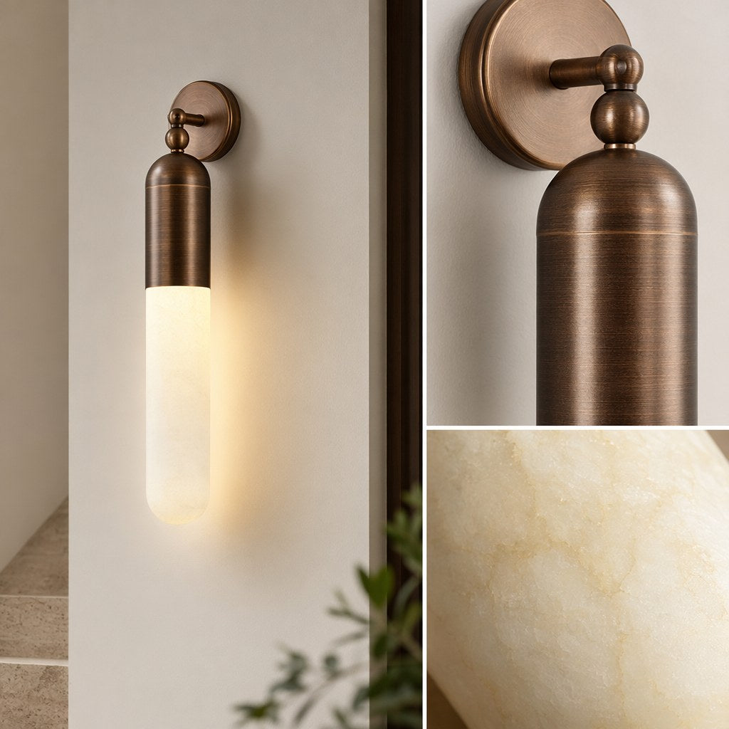 Snowflake Alabaster and Antique Copper Cylinder Wall Sconce - 10 13-material-close-up
