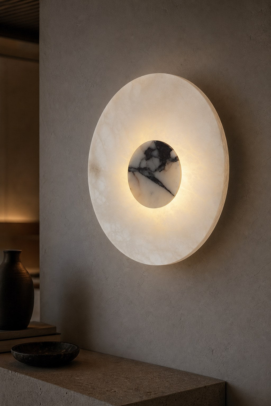 Spanish Alabaster and Marble Round Wall Sconce - 10 12-night-mood