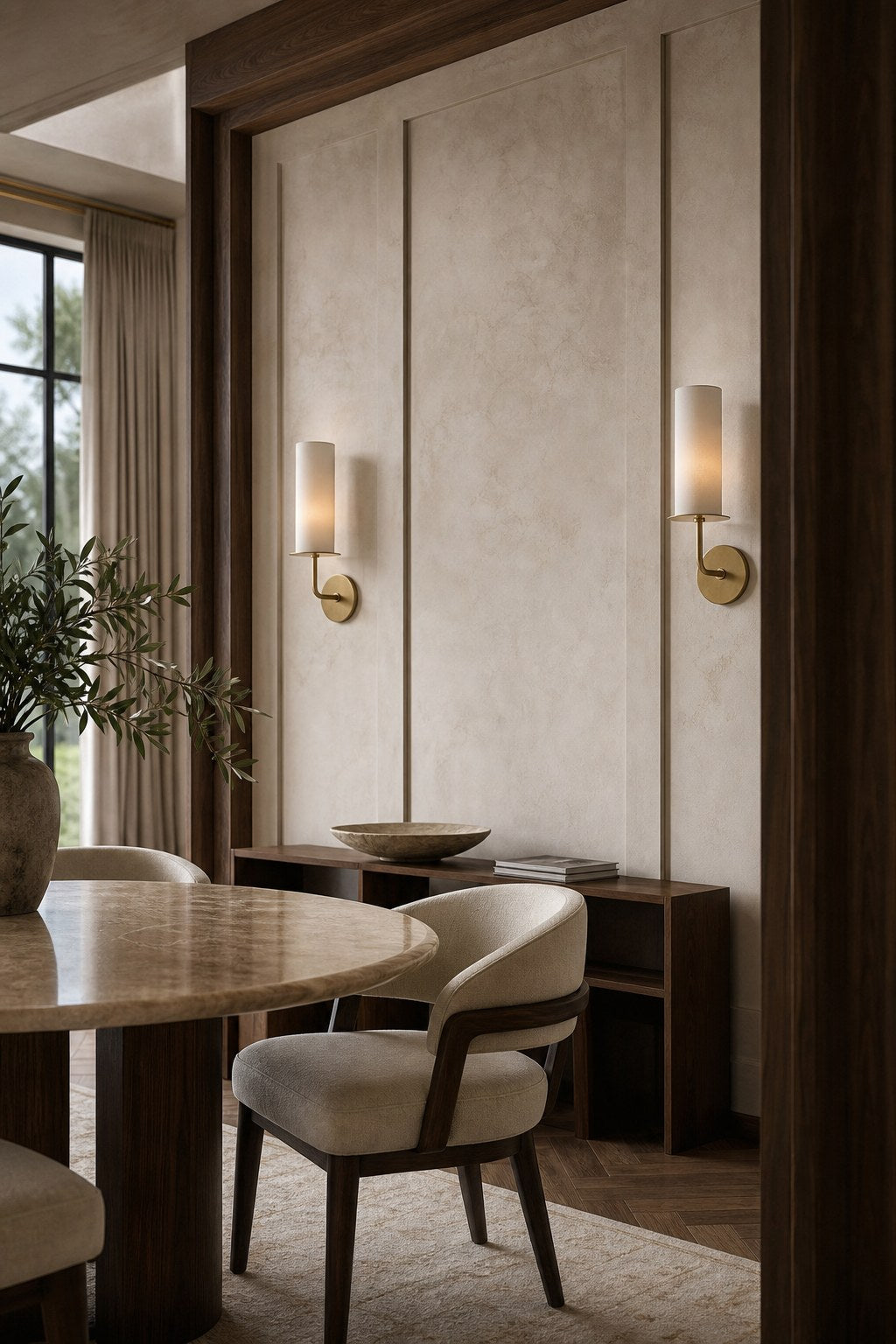 Solid Brass Fabric Shade Wall Sconce installed in a living room, view 10
