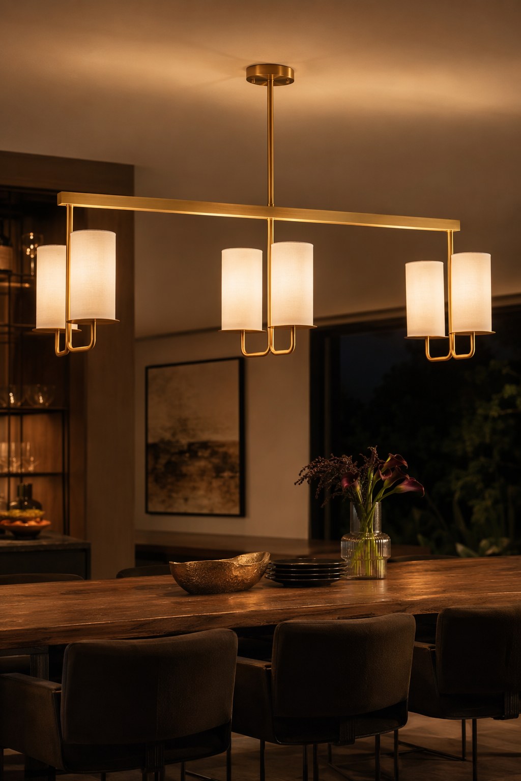 Solid Brass Six-Light Linear Chandelier illuminated in an evening interior, view 10