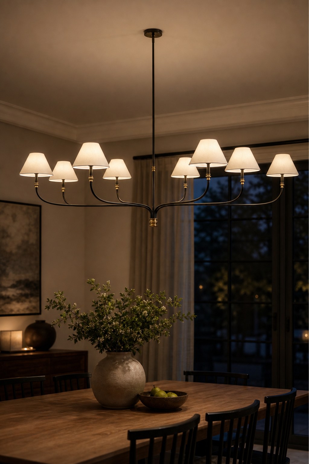 Brass and Black Linear Chandelier illuminated in an evening interior, view 10