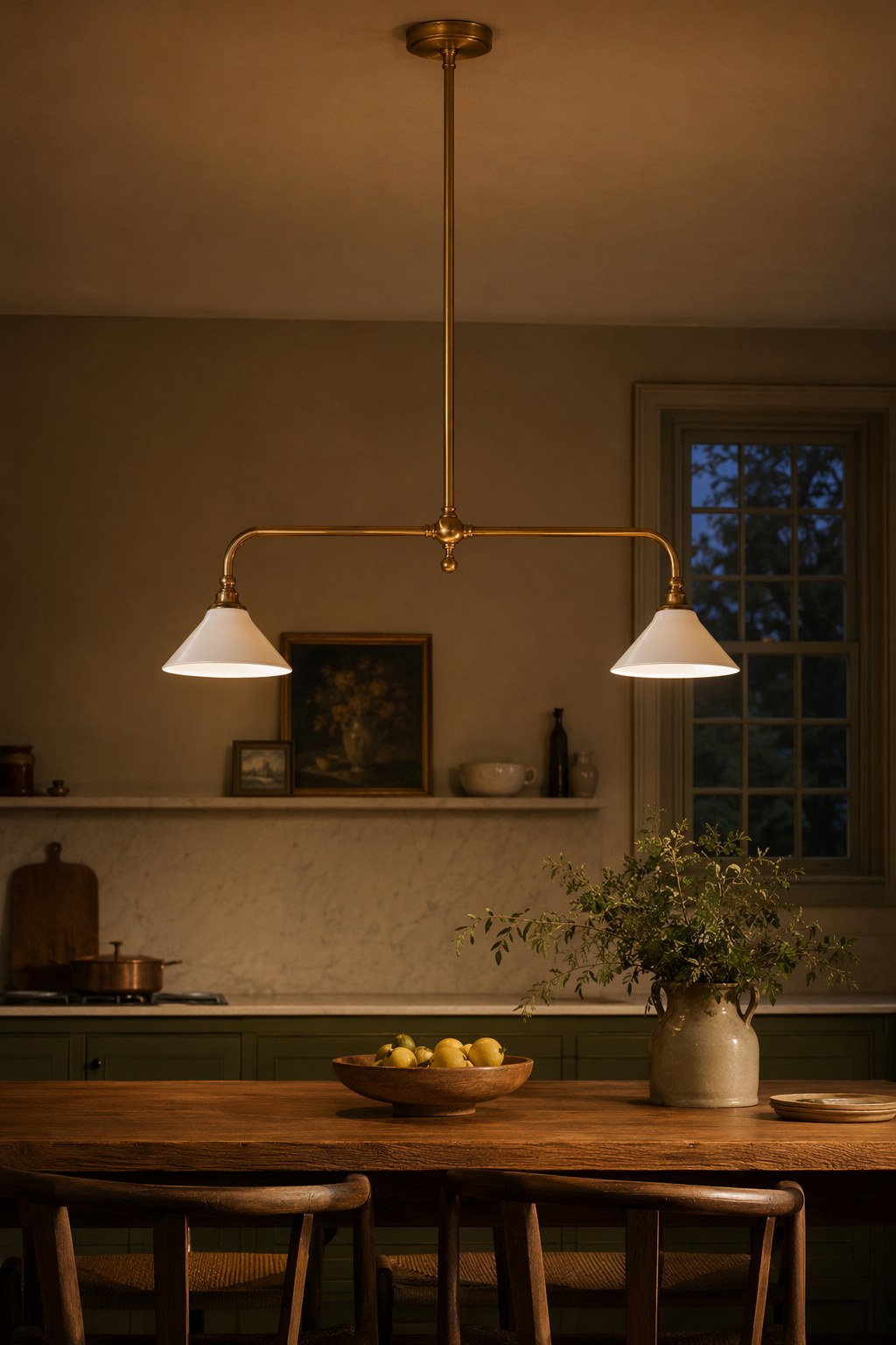 Brass and Ceramic Linear Chandelier illuminated in an evening interior, view 10