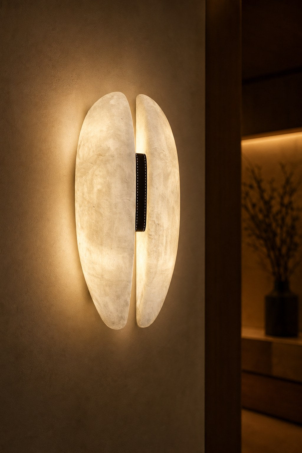 Spanish Snowflake Alabaster and Black Leather Wall Sconce - 10 12-night-mood