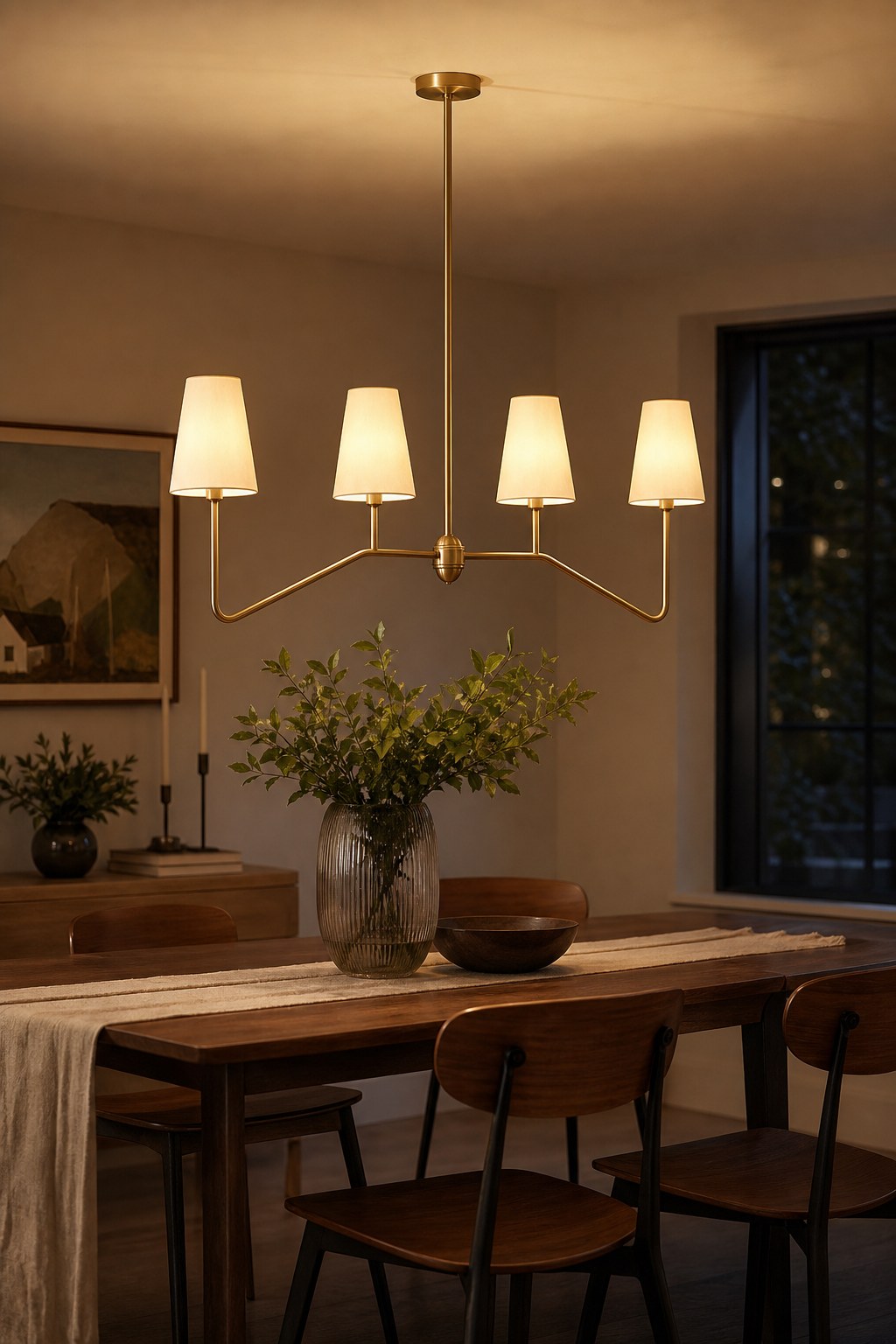 Four-Light Brass and Fabric Linear Chandelier illuminated in an evening interior, view 10