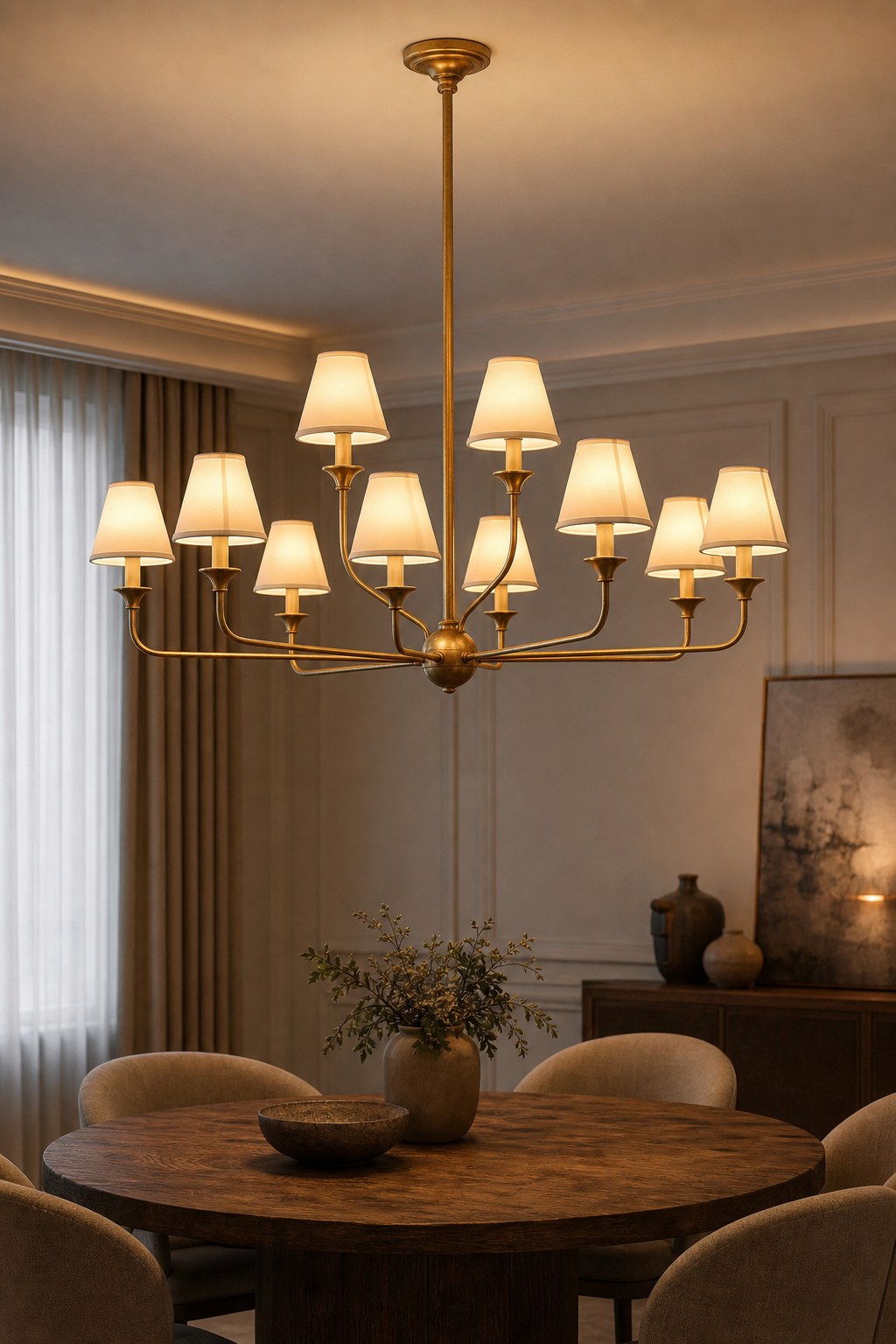 Tiered Brass and Fabric Linear Chandelier illuminated in an evening interior, view 10