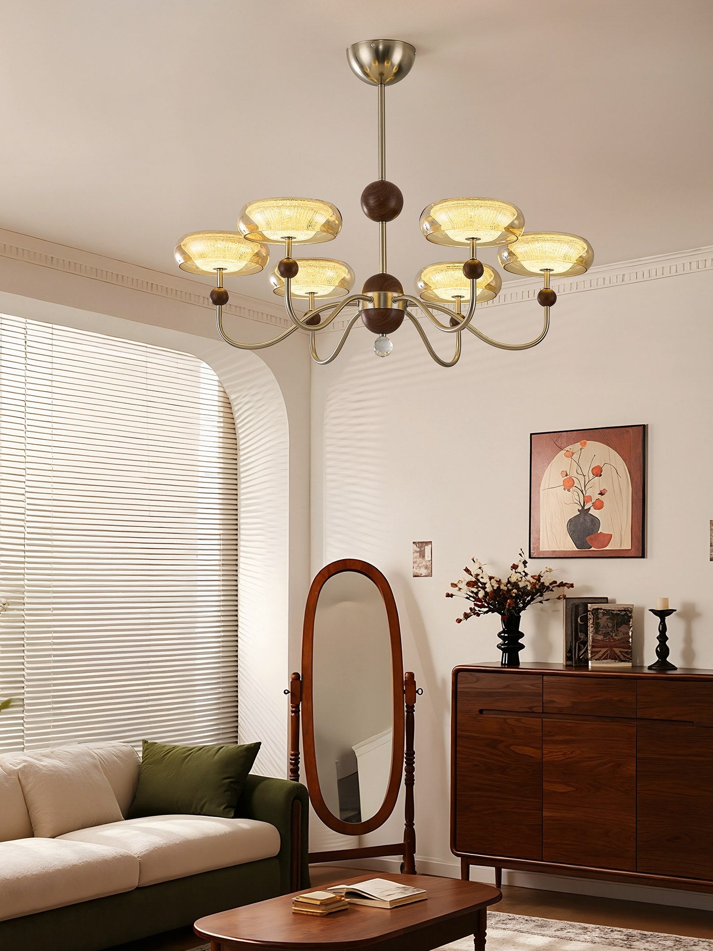 Sand Nickel Wood-Grain Glass LED Chandelier - 10 场景 (3)