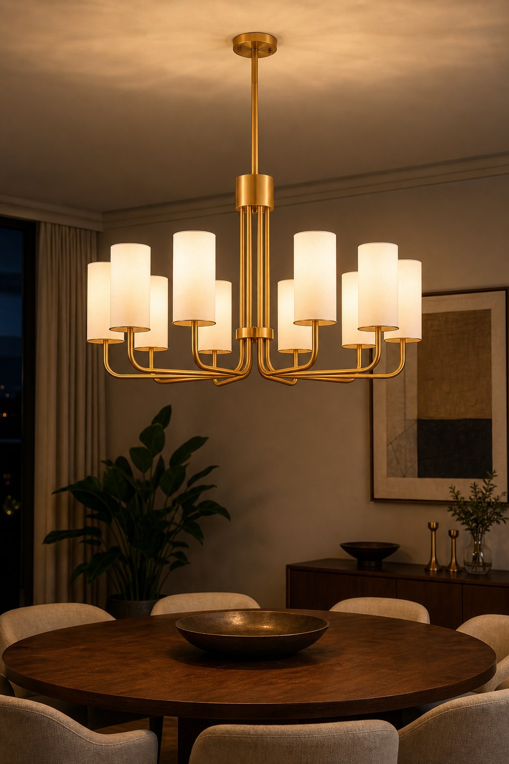 Solid Brass Tiered Chandelier illuminated in an evening interior, view 10