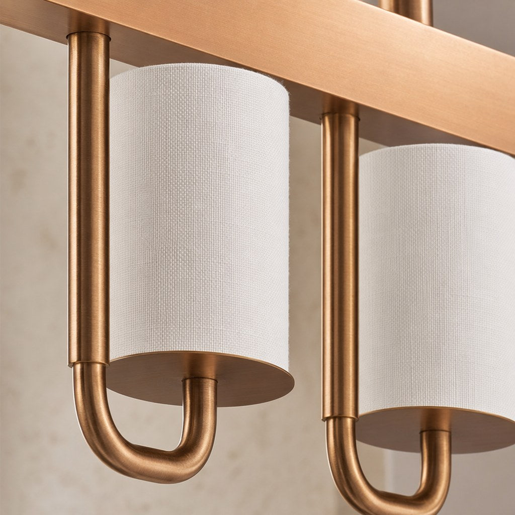 Solid Brass Six-Light Linear Chandelier Solid brass and fabric. material and finish detail, view 11
