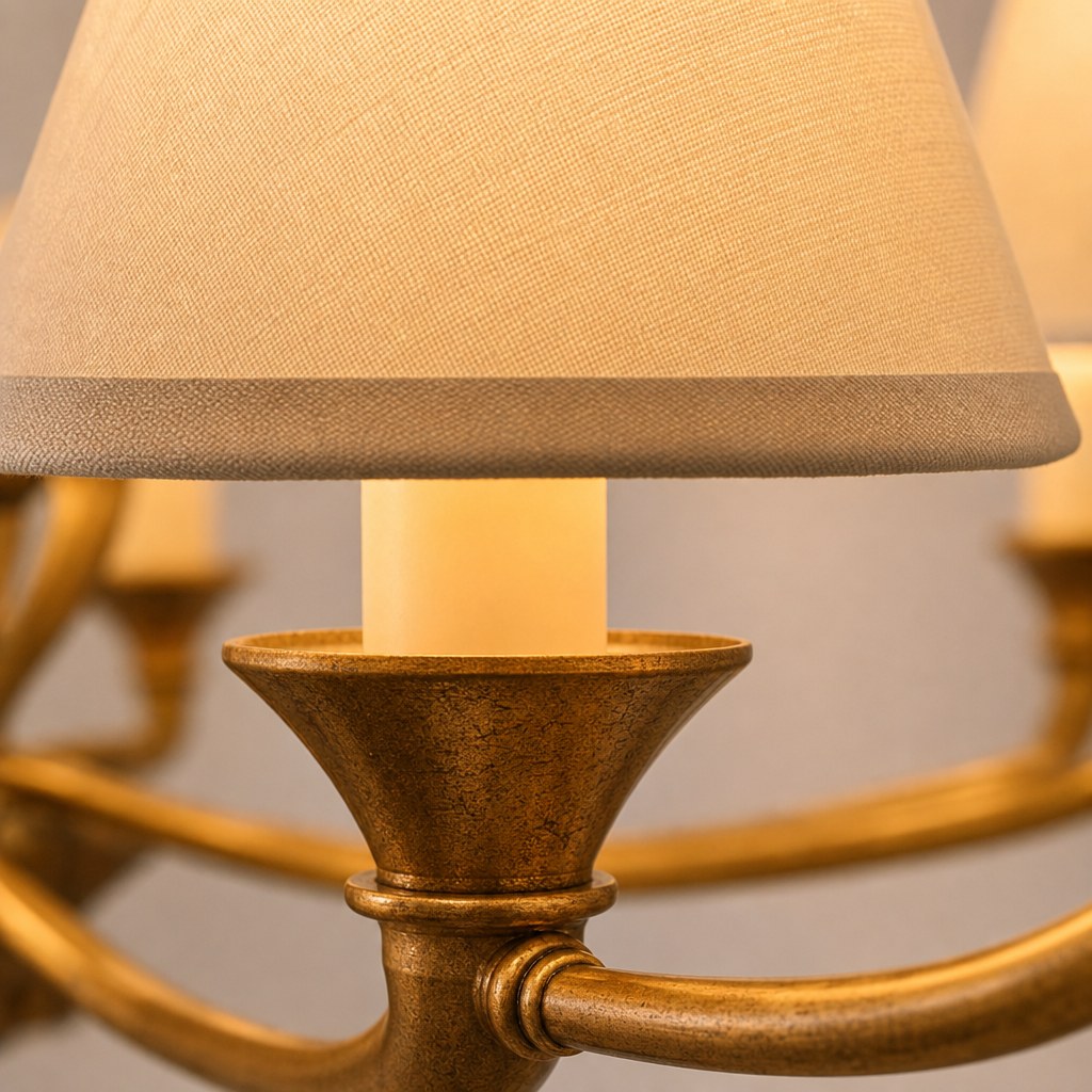 Tiered Brass and Fabric Linear Chandelier Brass and fabric; the vintage-gold source variants also specify gold-leaf detailing