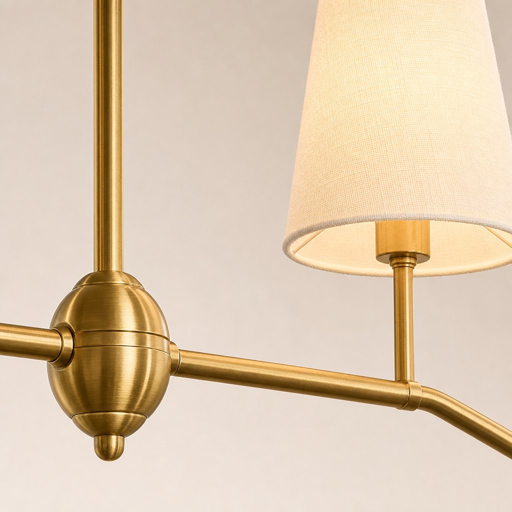 Four-Light Brass and Fabric Linear Chandelier Brass and fabric. material and finish detail, view 11