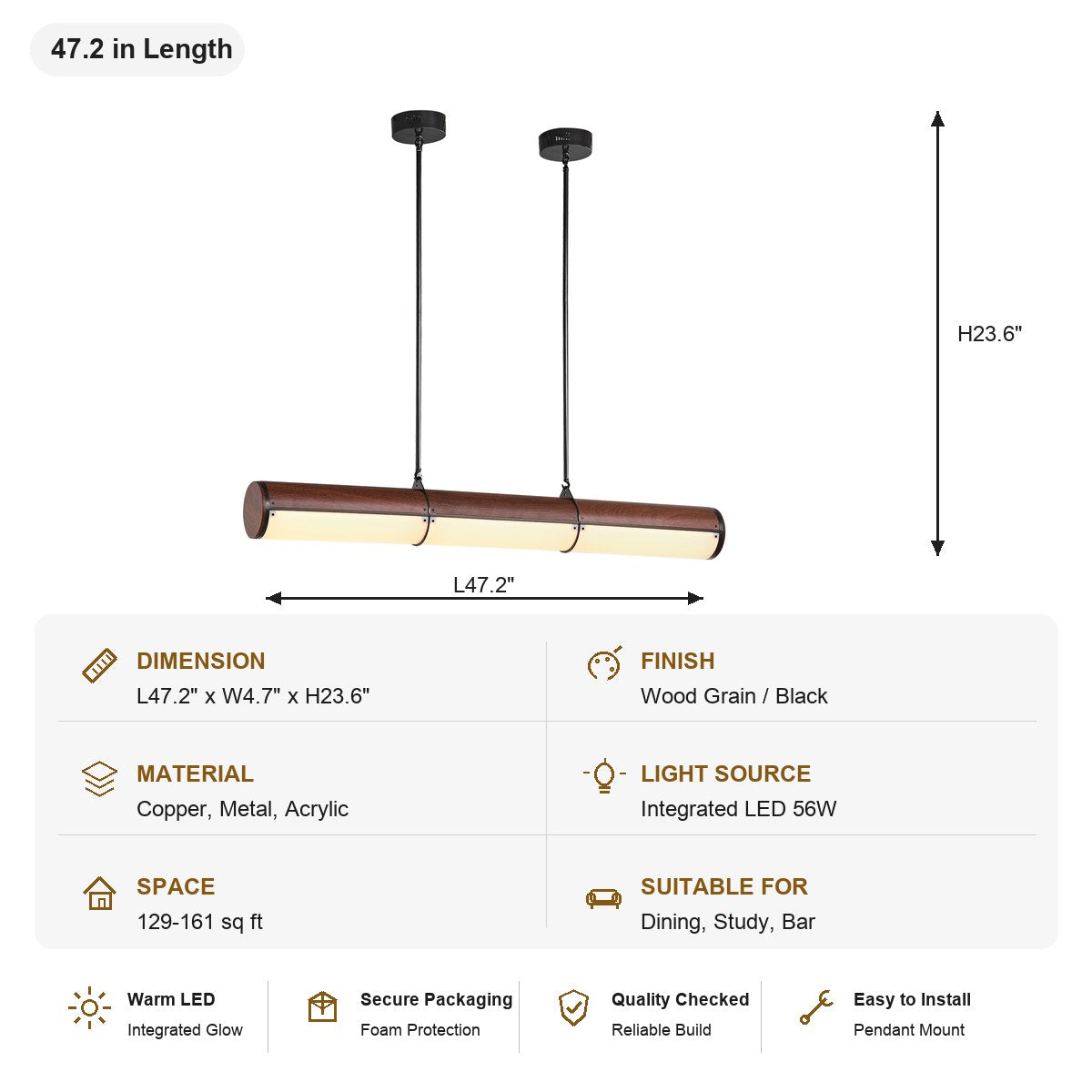 Wood-Grain Acrylic Linear Pendant Light - SKU spec card - 47.2 in Length