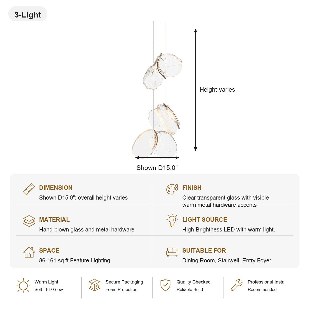 Clear Blown Glass Petal Cascade Chandelier - SKU spec card - 8088-sku-al-8088-3l