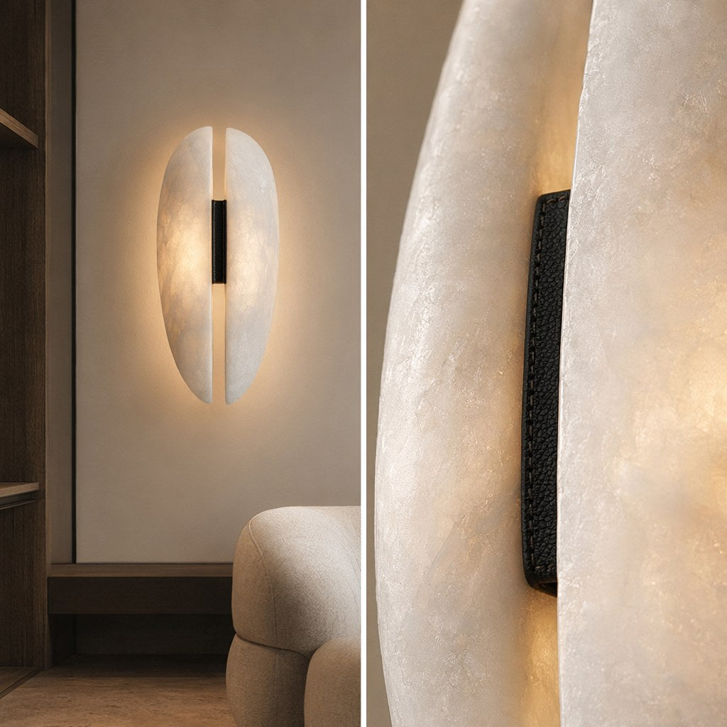 Spanish Snowflake Alabaster and Black Leather Wall Sconce - 11 13-material-close-up