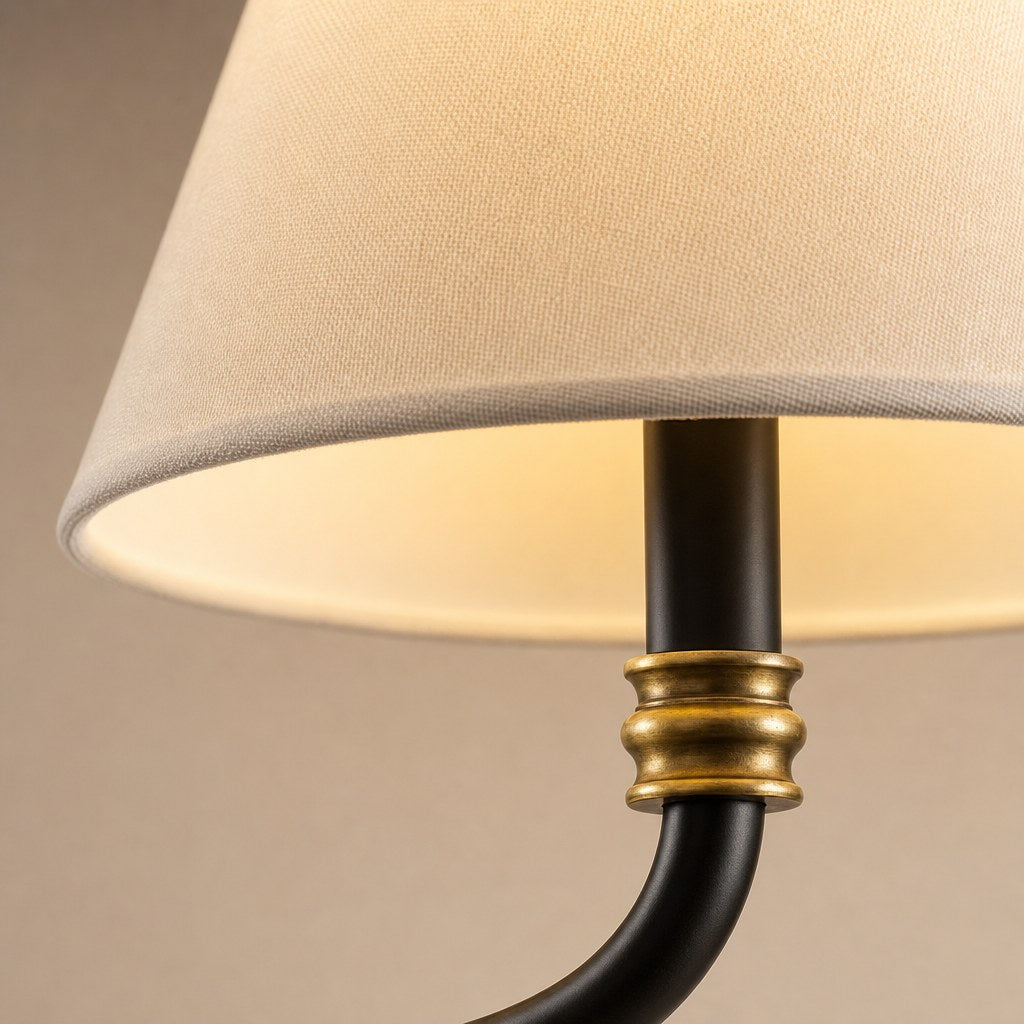 Brass and Black Linear Chandelier Brass and fabric. material and finish detail, view 11
