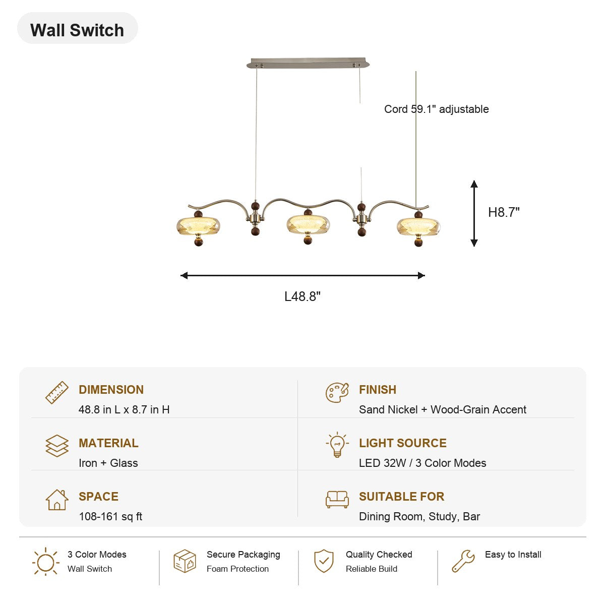 Sand Nickel Wood-Grain Glass Linear LED Chandelier - SKU spec card - 8085-sku-al-8085-wall