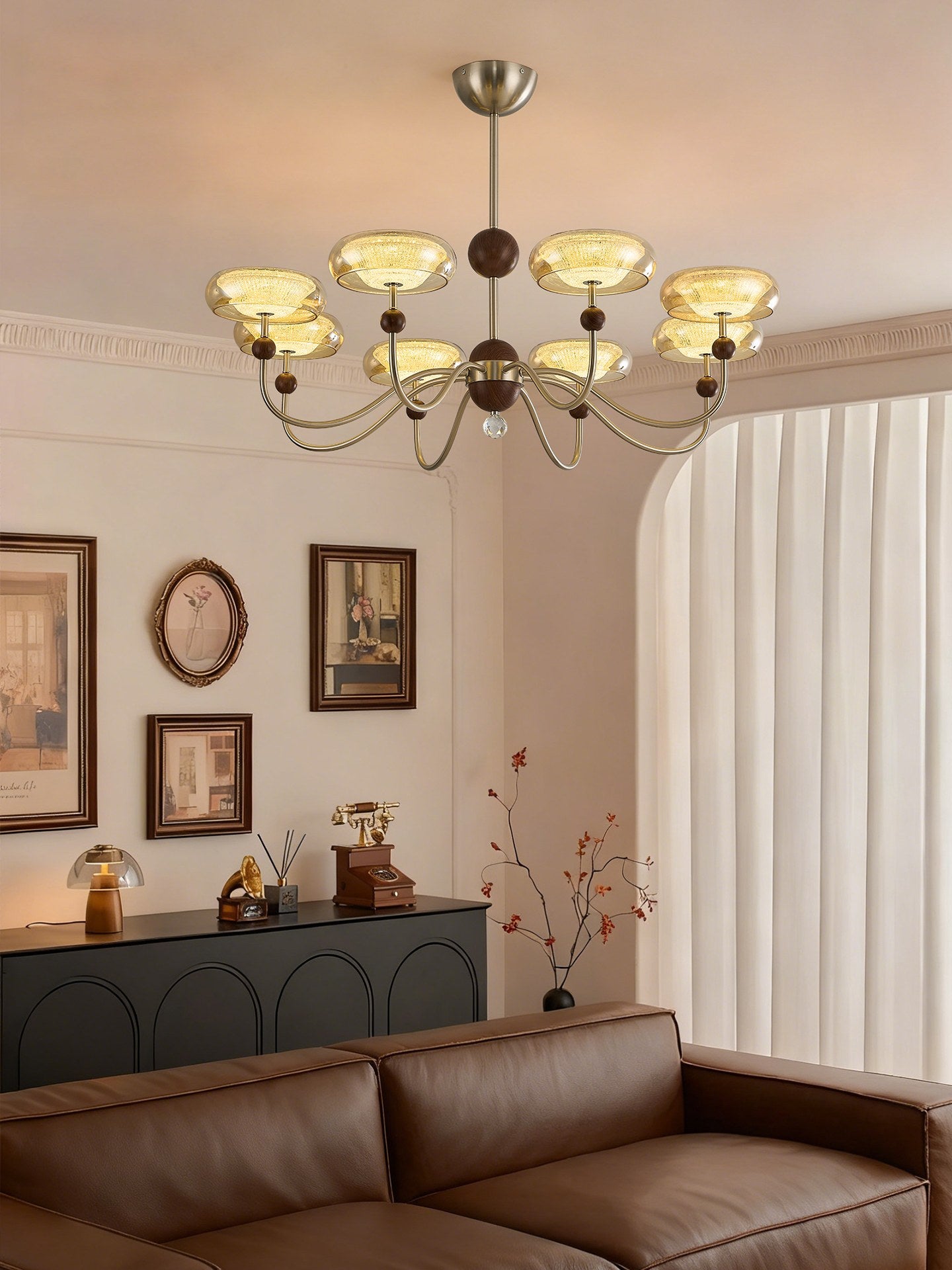 Sand Nickel Wood-Grain Glass LED Chandelier - 11 场景 (4)