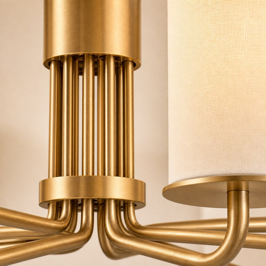 Solid Brass Tiered Chandelier Solid brass and fabric. material and finish detail, view 11