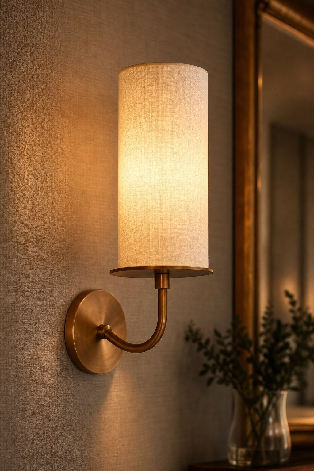 Solid Brass Fabric Shade Wall Sconce illuminated in an evening interior, view 12
