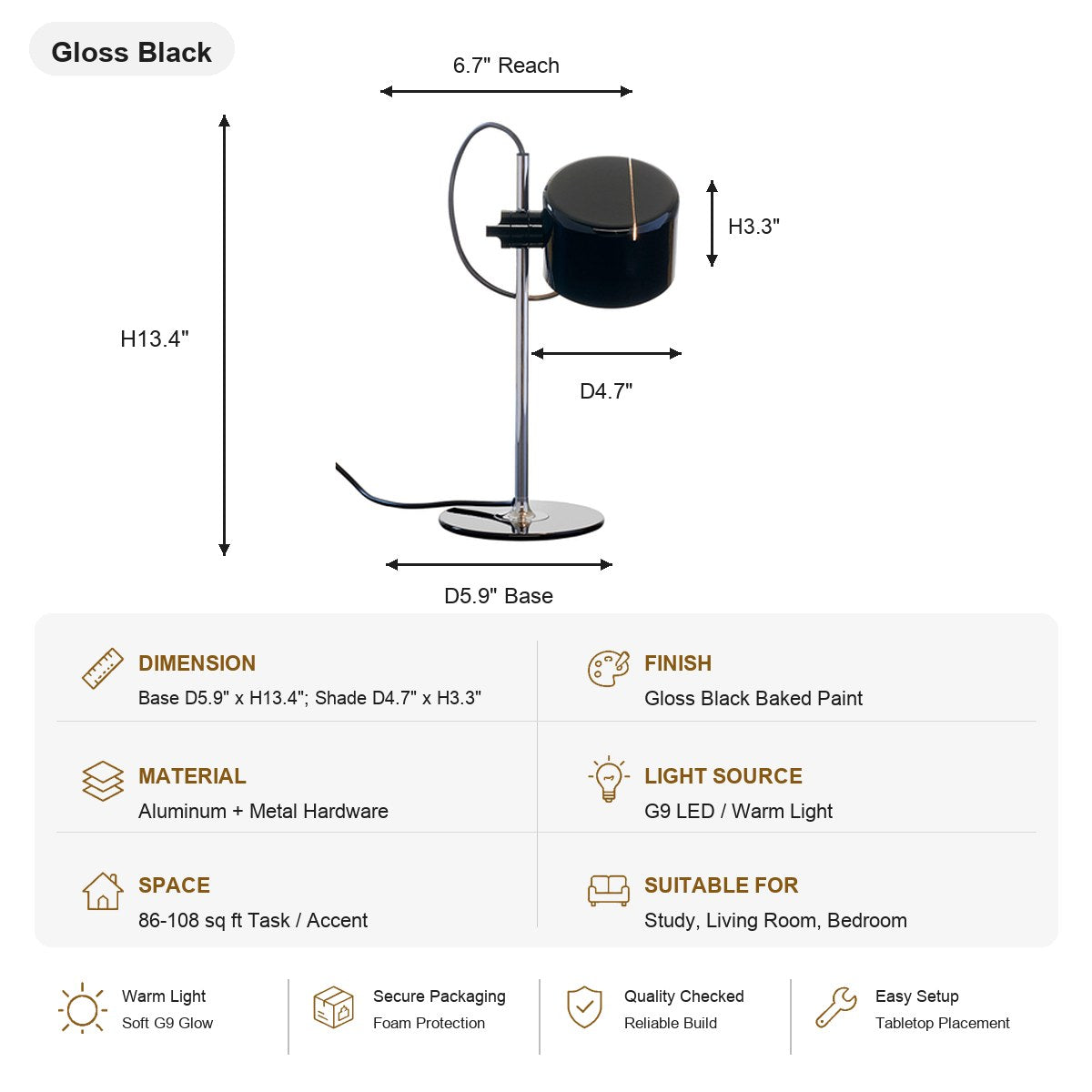 Adjustable Gloss Aluminum Table Lamp - SKU spec card - 8091-sku-al-8091-bk