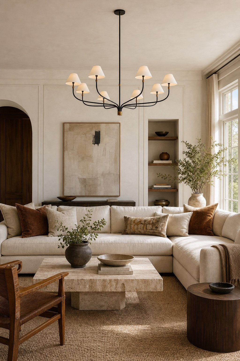 Brass and Black Linear Chandelier installed in a living room, view 12