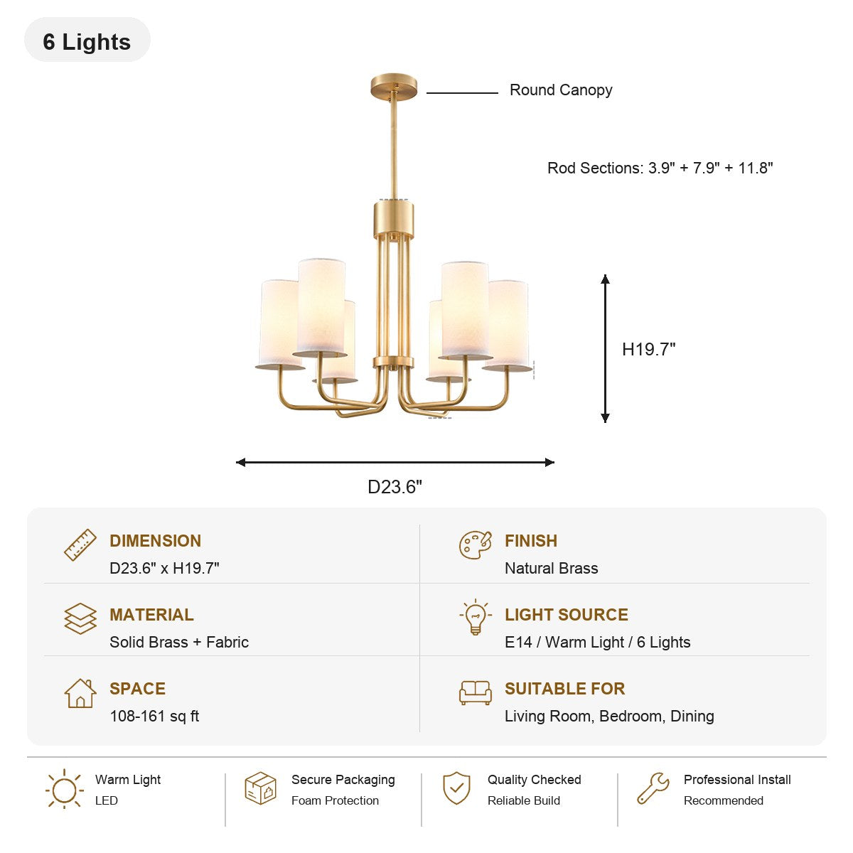 Solid Brass Tiered Chandelier 6 Lights SKU specification card, view 12