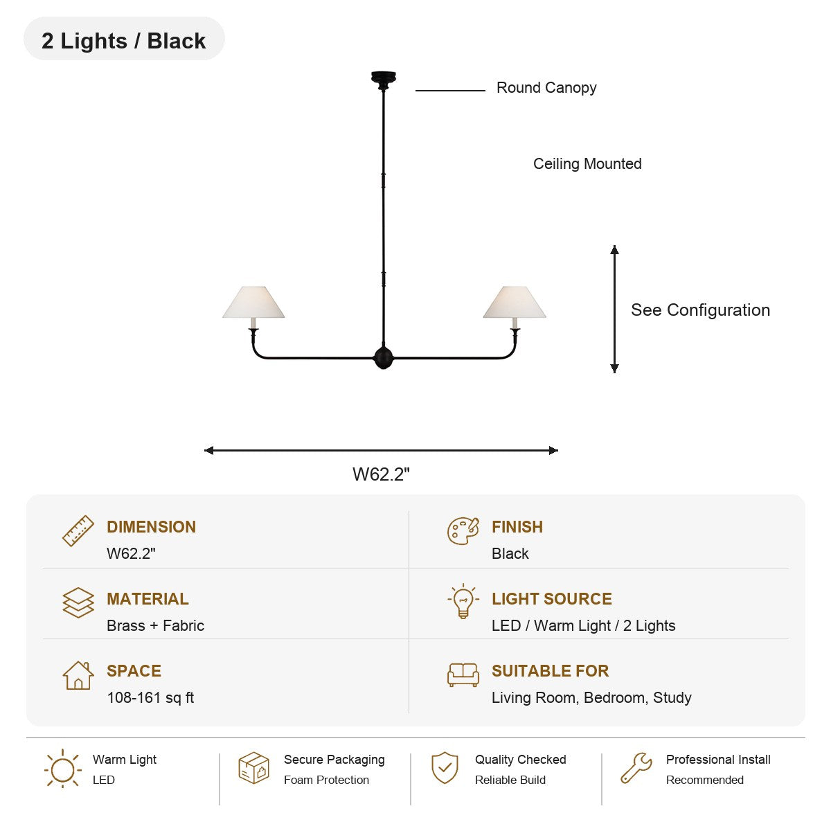 Tiered Brass and Fabric Linear Chandelier 2 Lights / Black SKU specification card, view 12