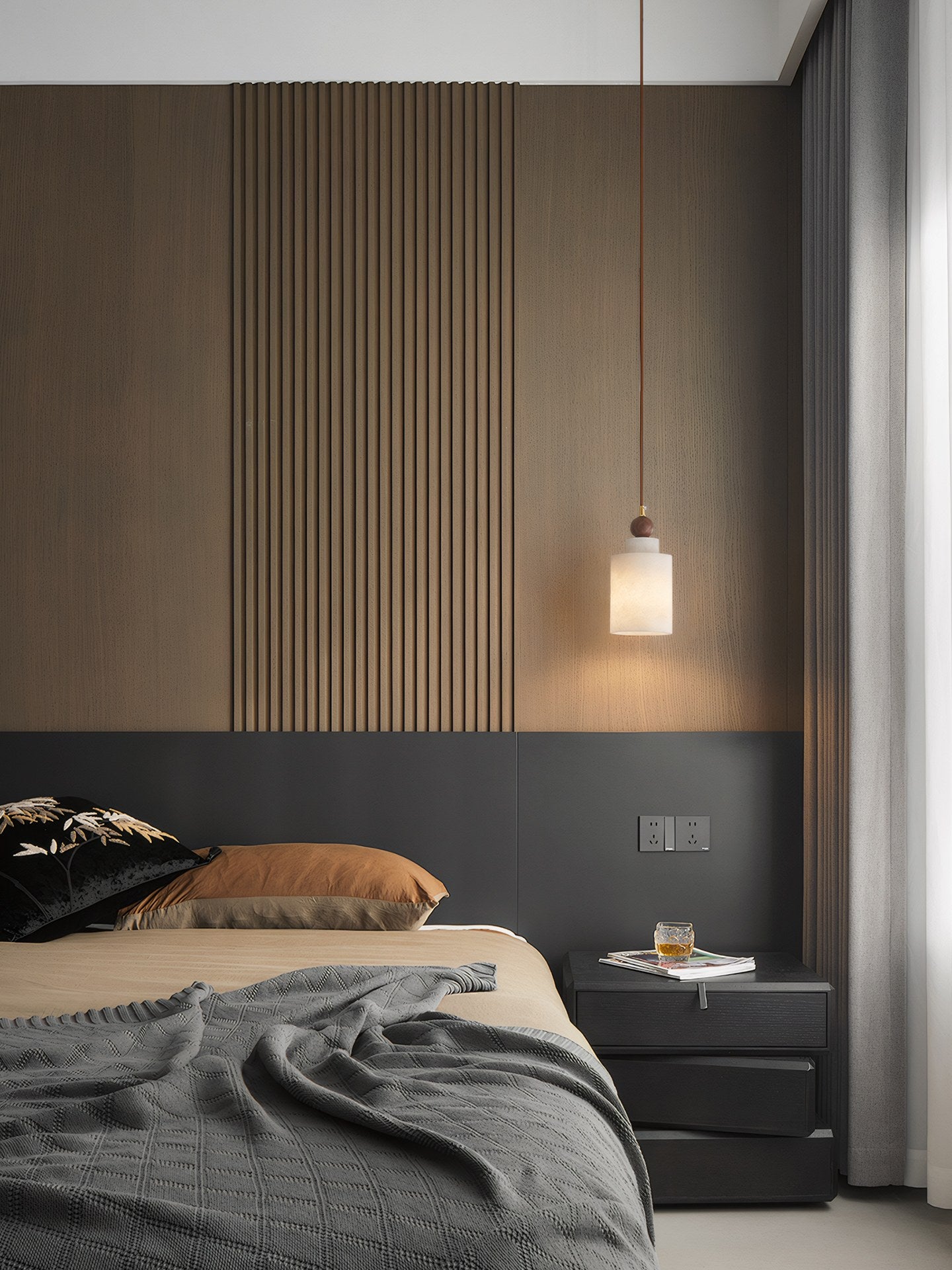 Spanish Marble and Walnut Cylinder Pendant Light - 12 场景 (4)