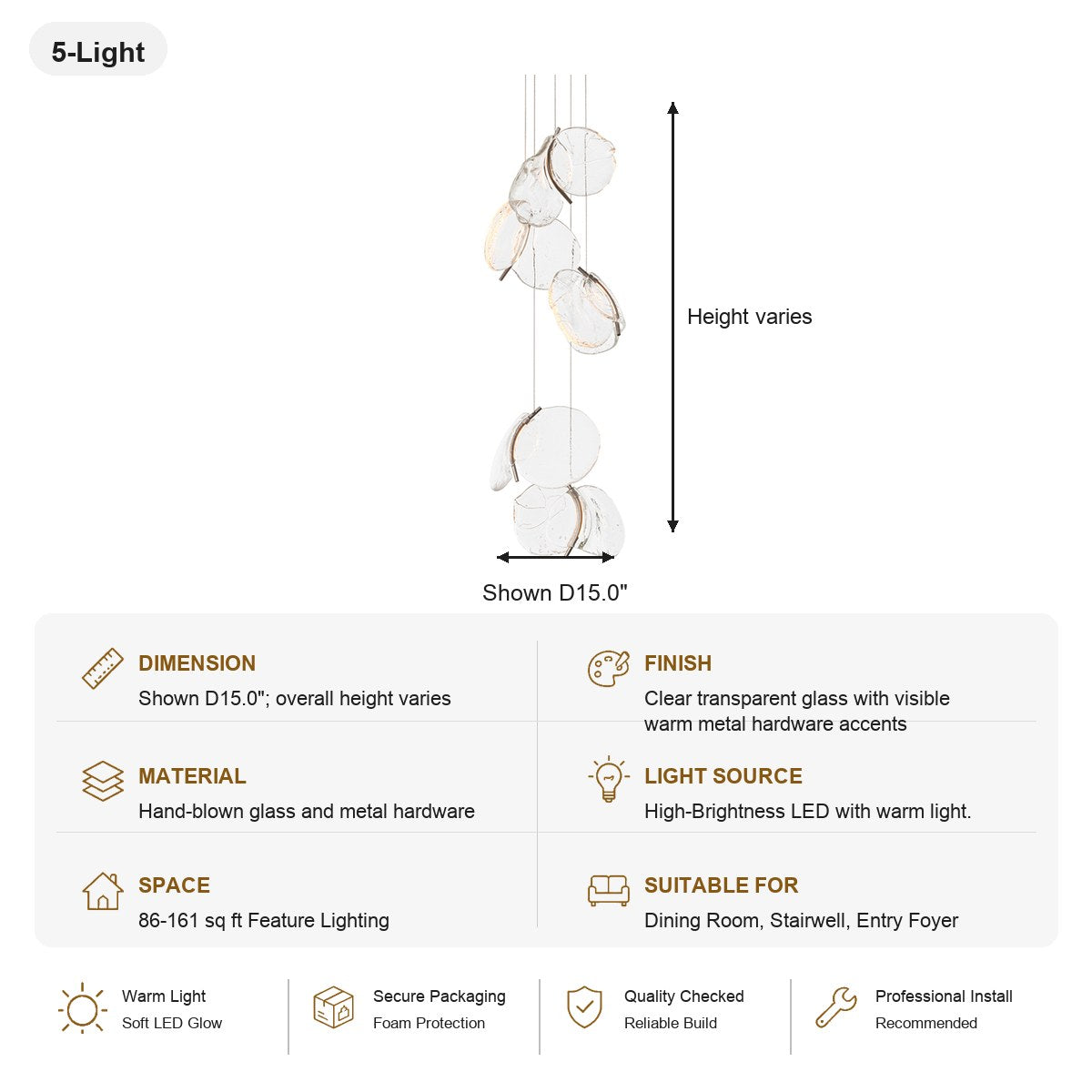 Clear Blown Glass Petal Cascade Chandelier - SKU spec card - 8088-sku-al-8088-5l