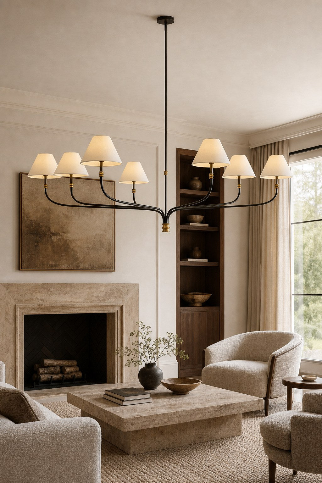 Brass and Black Linear Chandelier installed in a living room, view 13