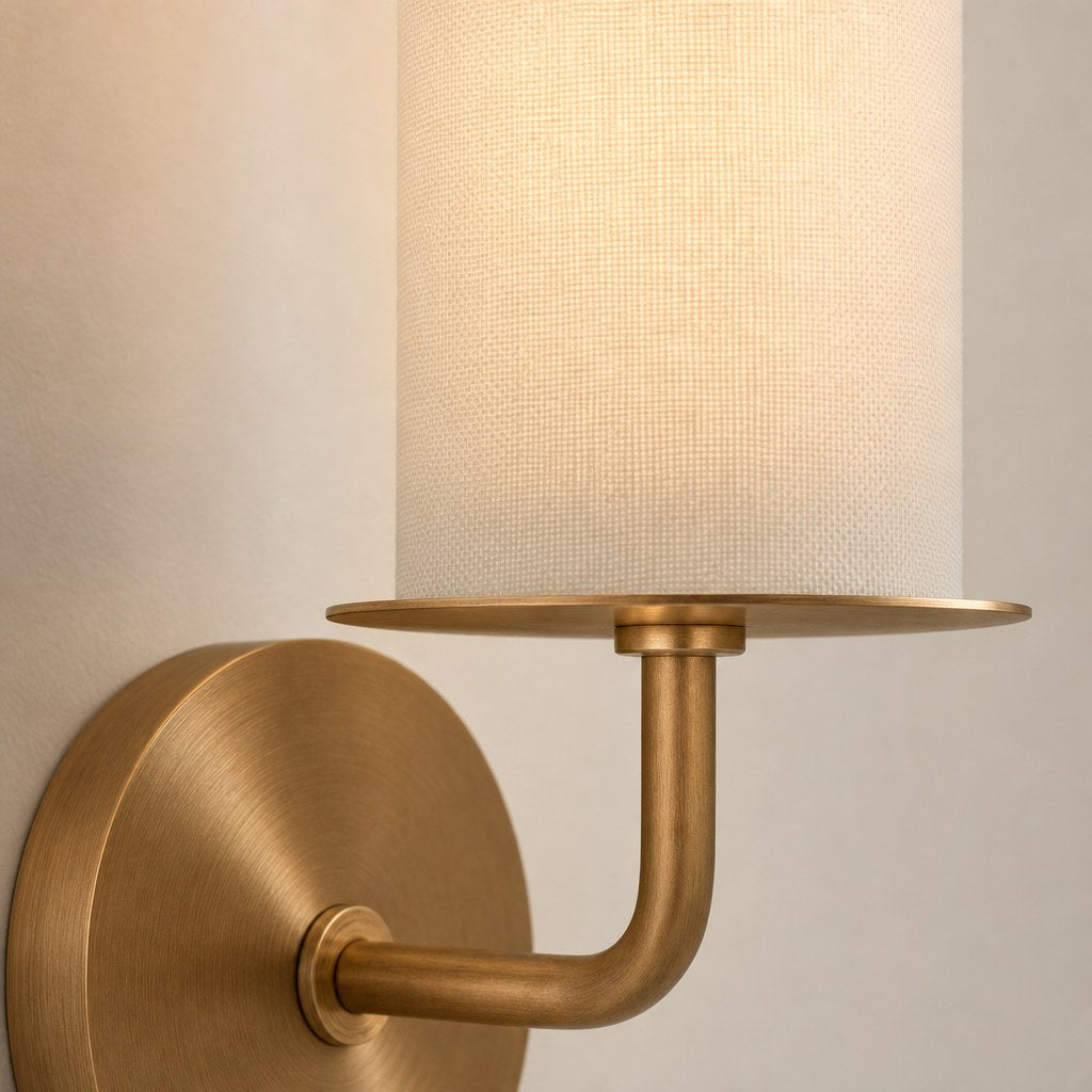 Solid Brass Fabric Shade Wall Sconce Solid brass and fabric. material and finish detail, view 13
